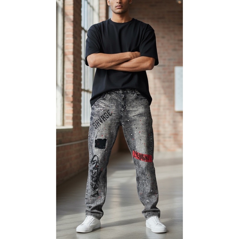 Encrypted Jeans Black Size 38x32 Denim Distressed Acid Wash